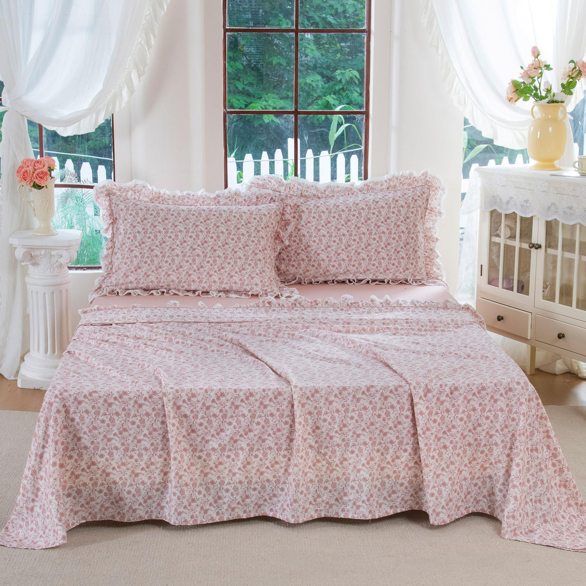 Blush Floral 100% Washed Cotton Sheets Set, 4 Piece Vintage Ruffle Bed Sheets with Lace Trim, Shabby Pink French