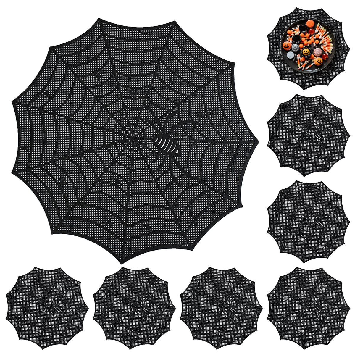 Spider Web Halloween Placemats Set of 8,Black Web Round Table Mats Heat-Resistant for for Dining Table Party