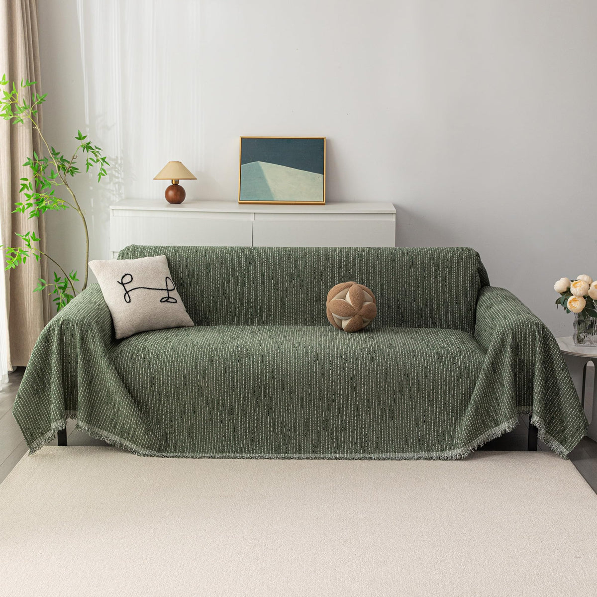 Boho Couch Cover Moss Green Sofa Covers with Tassel Farmhouse Sofa Slipcover Simple Couch Protector for Dogs Chenille