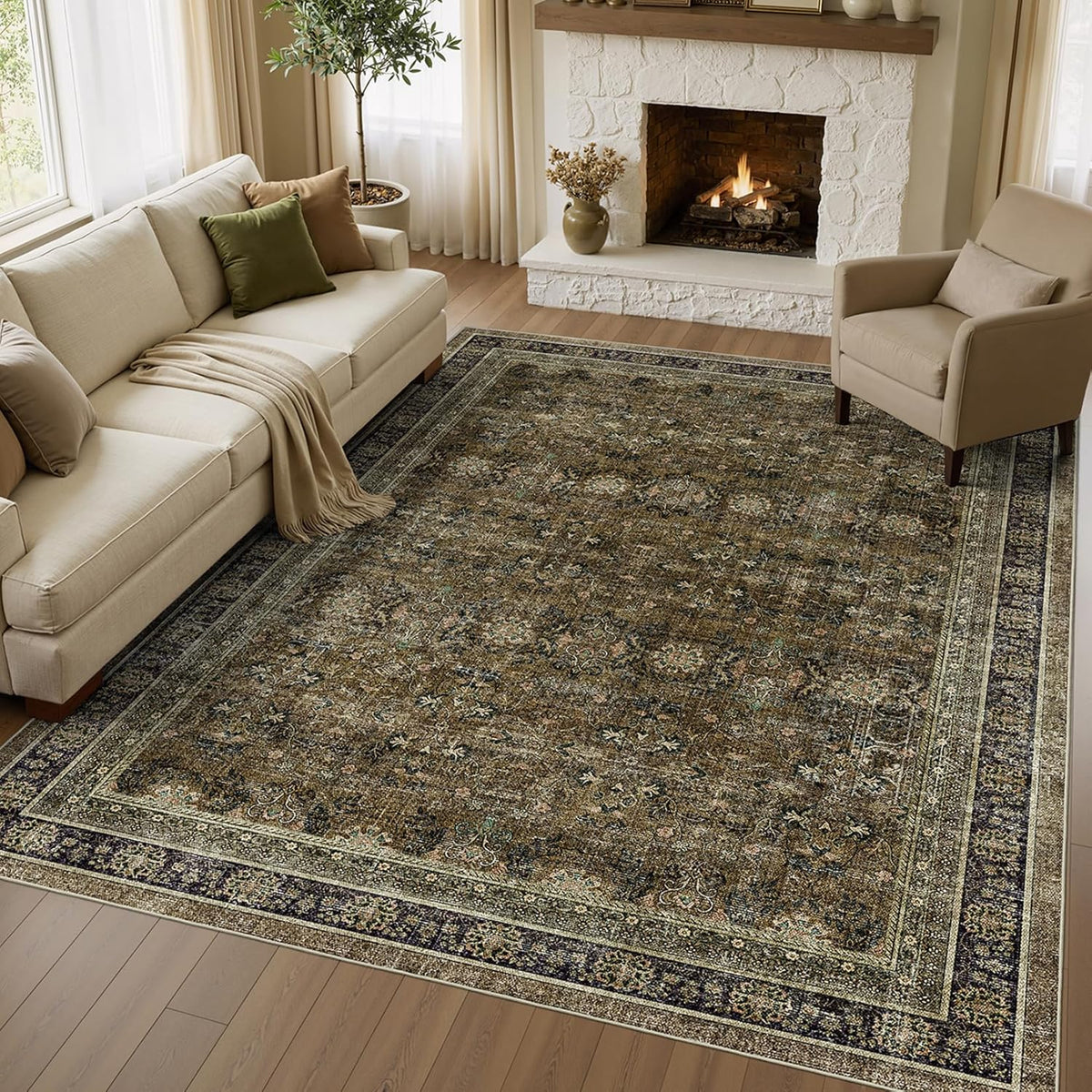 Area Rugs Washable Vintage Brown/Olive Green/Purple