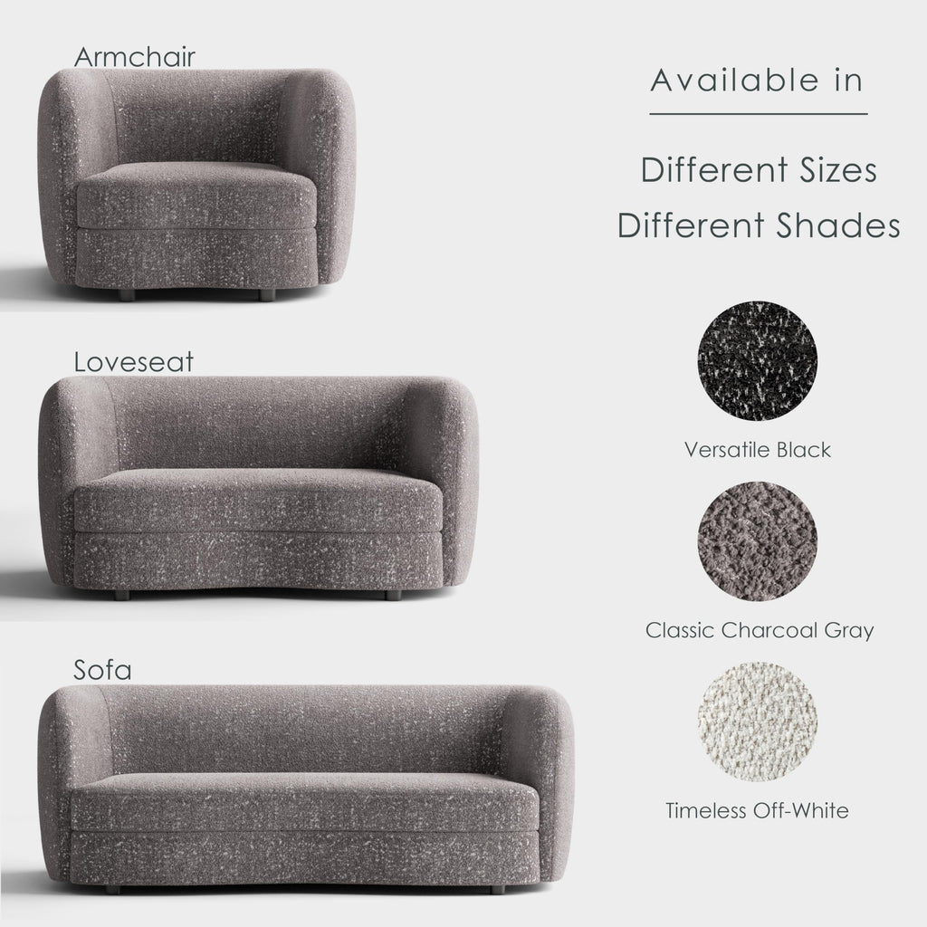 Nimiane Modern Boucle Sofa Couch with Curved Arms and Wooden Legs, Comfy Fabric Upholstered 3 Seater Couch, Charcoal