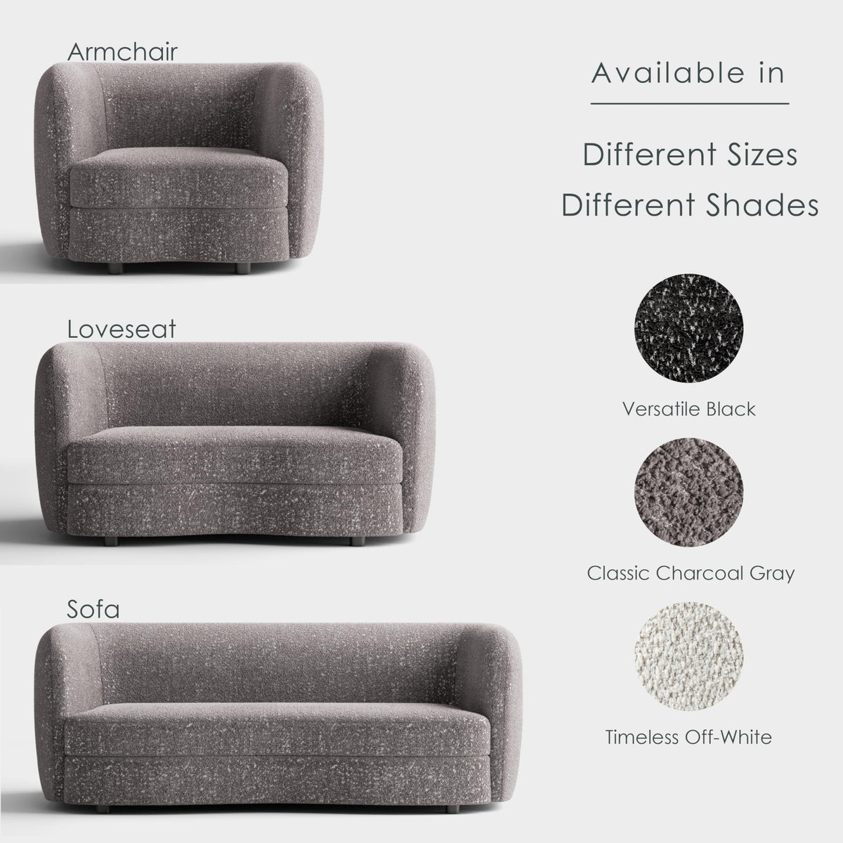 Nimiane Modern Boucle Sofa Couch with Curved Arms and Wooden Legs, Comfy Fabric Upholstered 3 Seater Couch, Charcoal