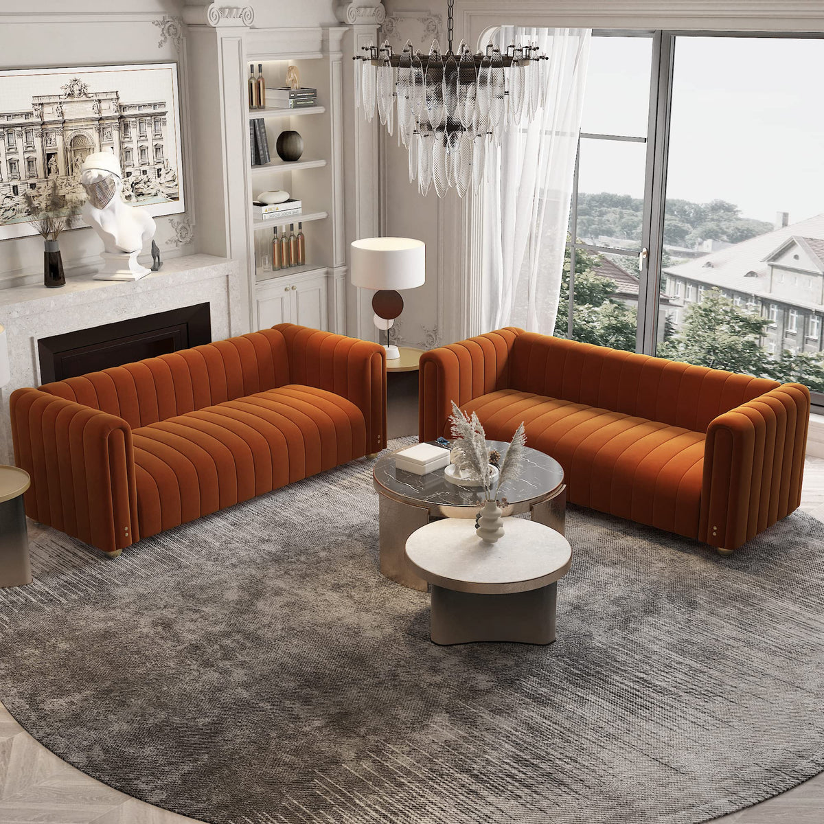 Tufted Couch Chesterfield Sofa Upholstered 81" W 3-Seater Comfy Sofa (Orange 2pcs)