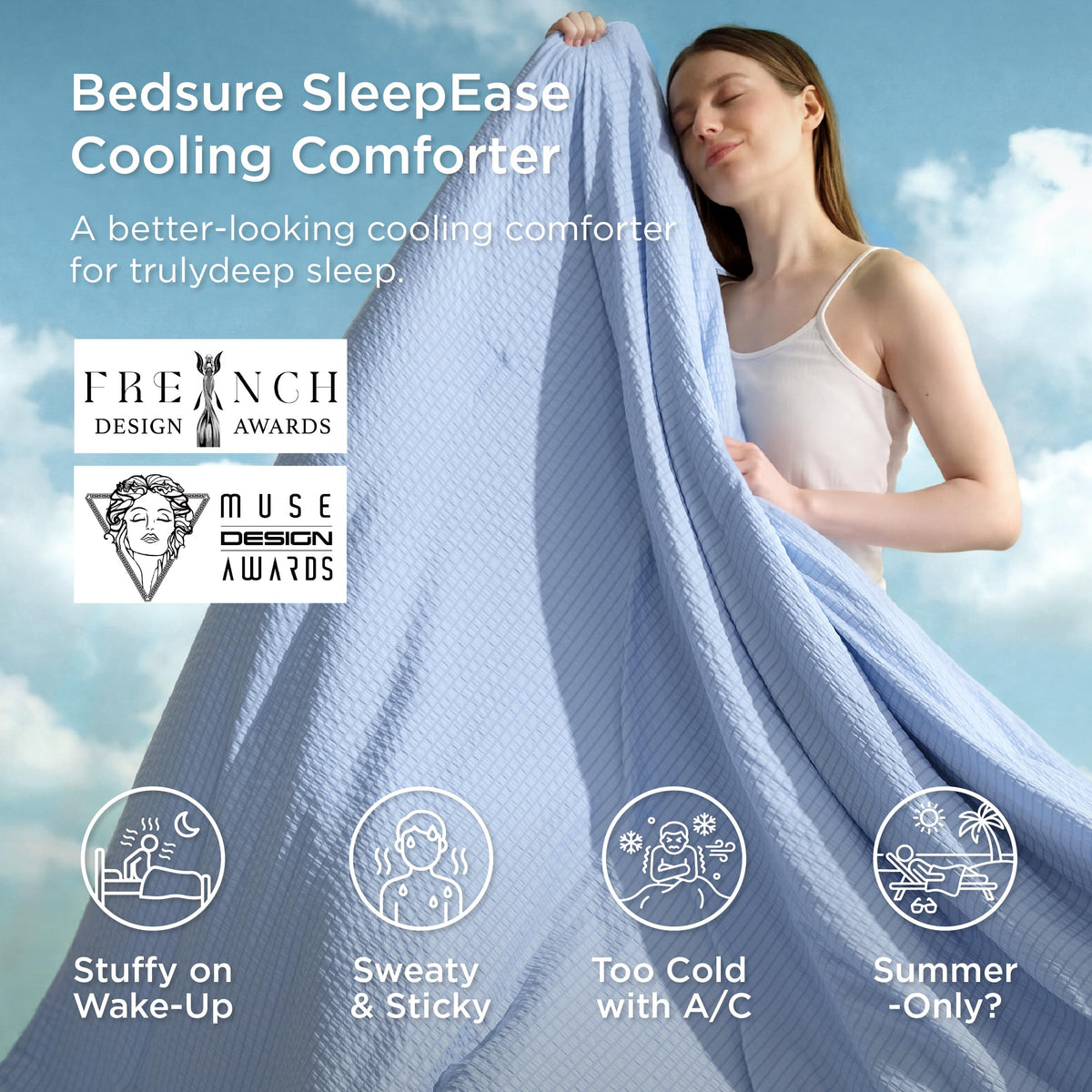 Cooling Comforters, Blue Seersucker Cool Bedding for Hot Sleepers 3 Pieces, Reversible Bed Set with 1