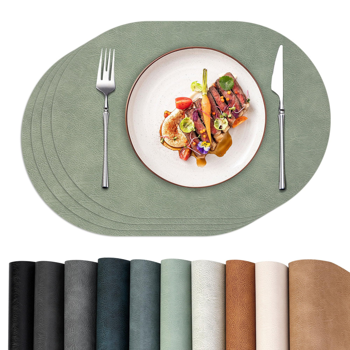 Oval Placemats Set of 4, Reversible Vinyl Faux Leather Wipeable Table Mats