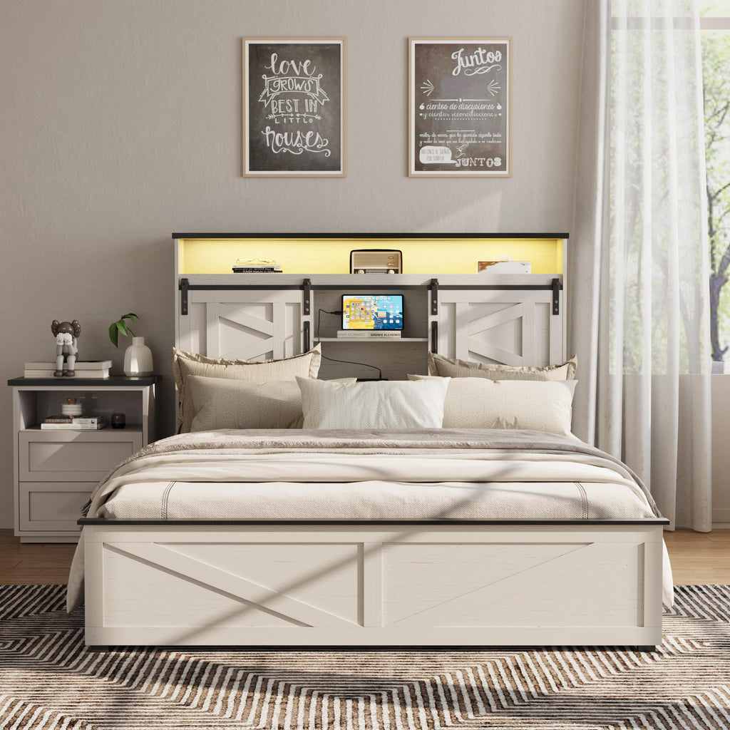Farmhouse Bed Frame with 4 Drawers and Bookcase Headboard, Sliding Barn Door Storage Shelves, LED Lights