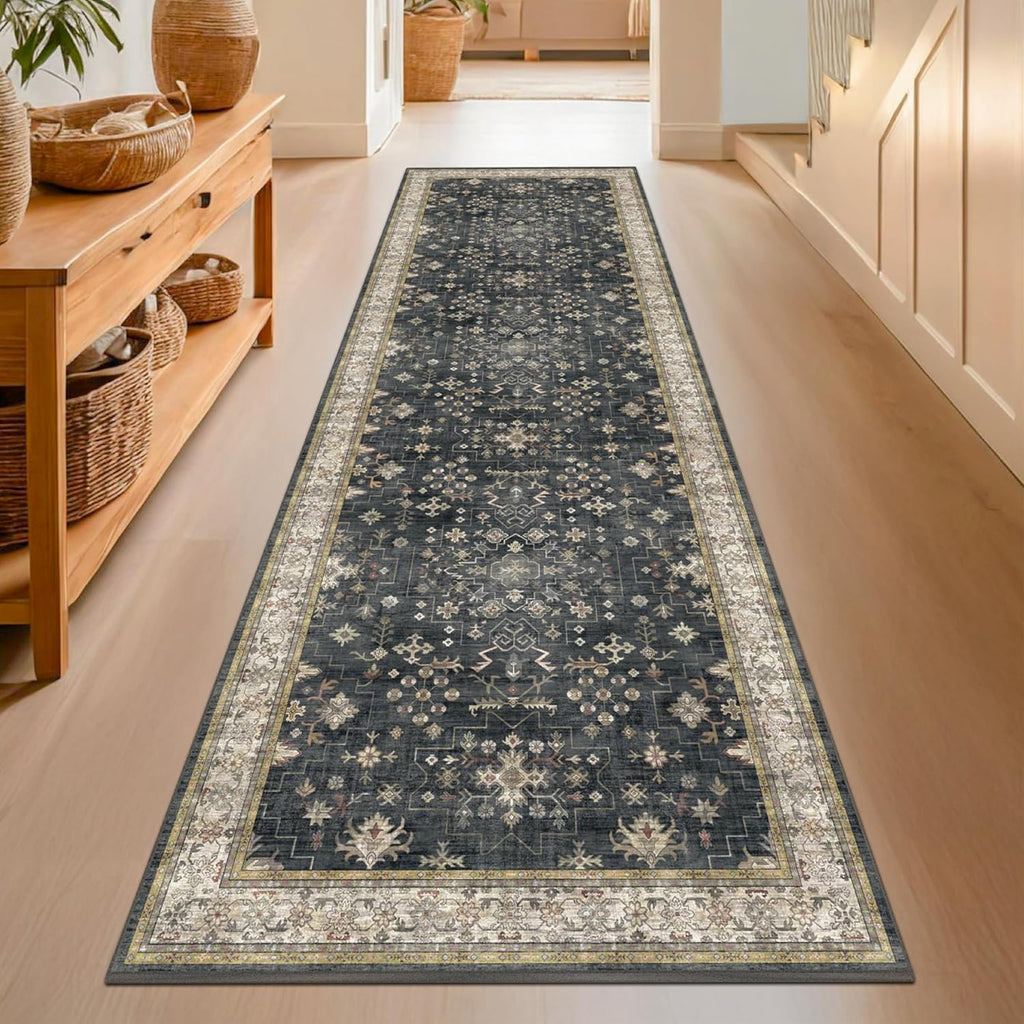 Black Washable 10ft Long Runners for Hallways, Wide Kitchen Runner Rug, Entryway Indoor Rug, Non Slip Rubber