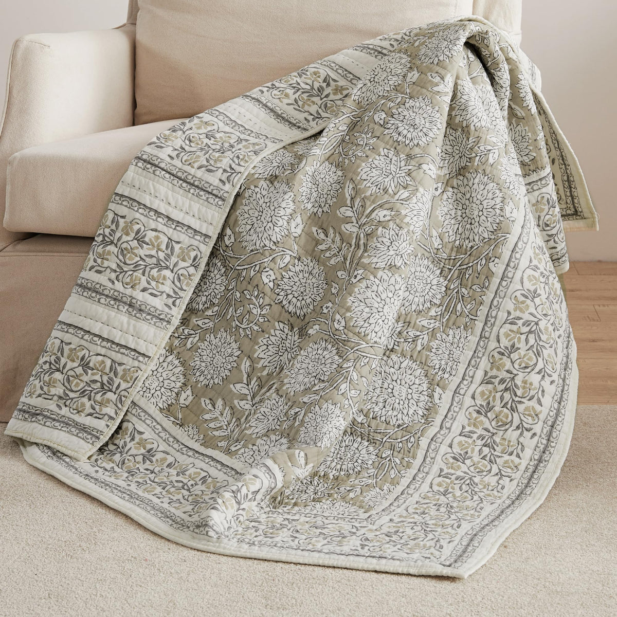 Adare Taupe - Throw - Bordered Floral - Taupe, Grey and Cream -Quilted Throw (50x60in.) - Cotton