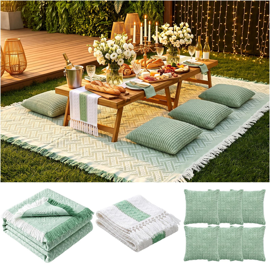 Extra Large Outdoor Rug Boho Picnic Blanket with Table Runner and 6 Throw Pillows Covers for Outdoor Essentials Beach