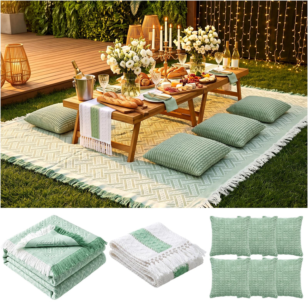 Extra Large Outdoor Rug Boho Picnic Blanket with Table Runner and 6 Throw Pillows Covers for Outdoor Essentials Beach