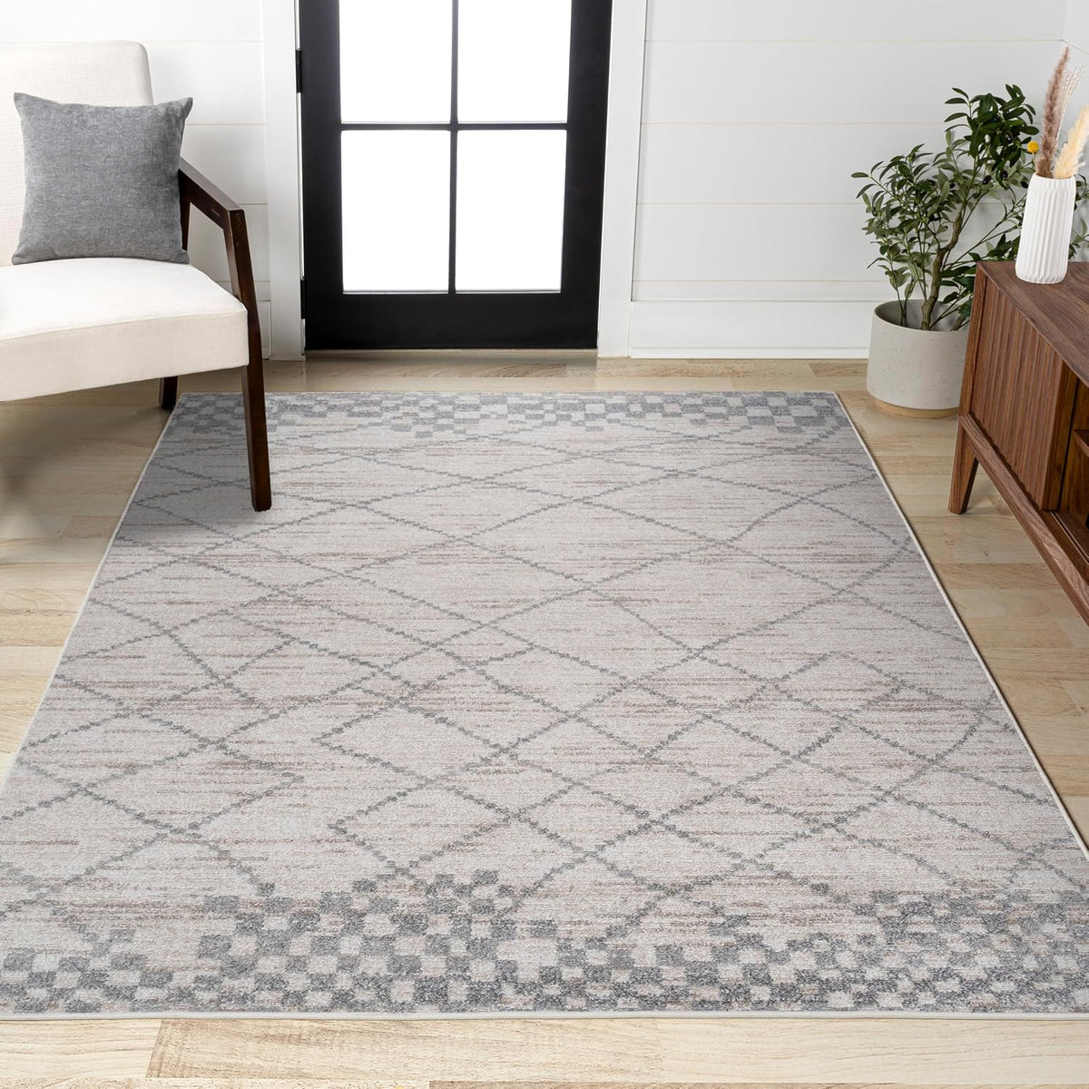 Asilah Diamond Light Gray Indoor Area Rug, Moroccan Modern, Bohemian, Casual, Easy-Cleaning, Pet Friendly