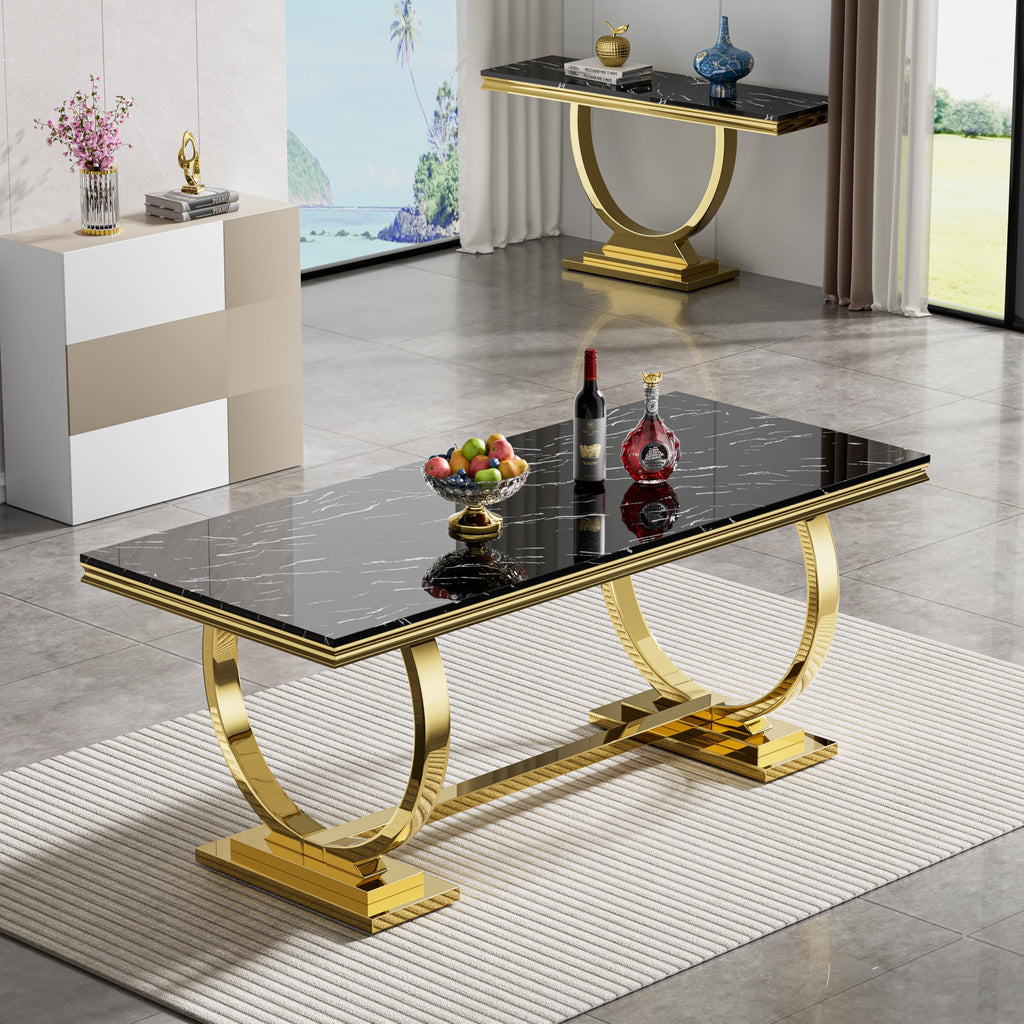 Inspired Saarinen Style 68" Black Marble Dining Table for 6 to 8 Person, Large Rectangular Faux Marble Tabletop & Gold O Shape Pedestal Base