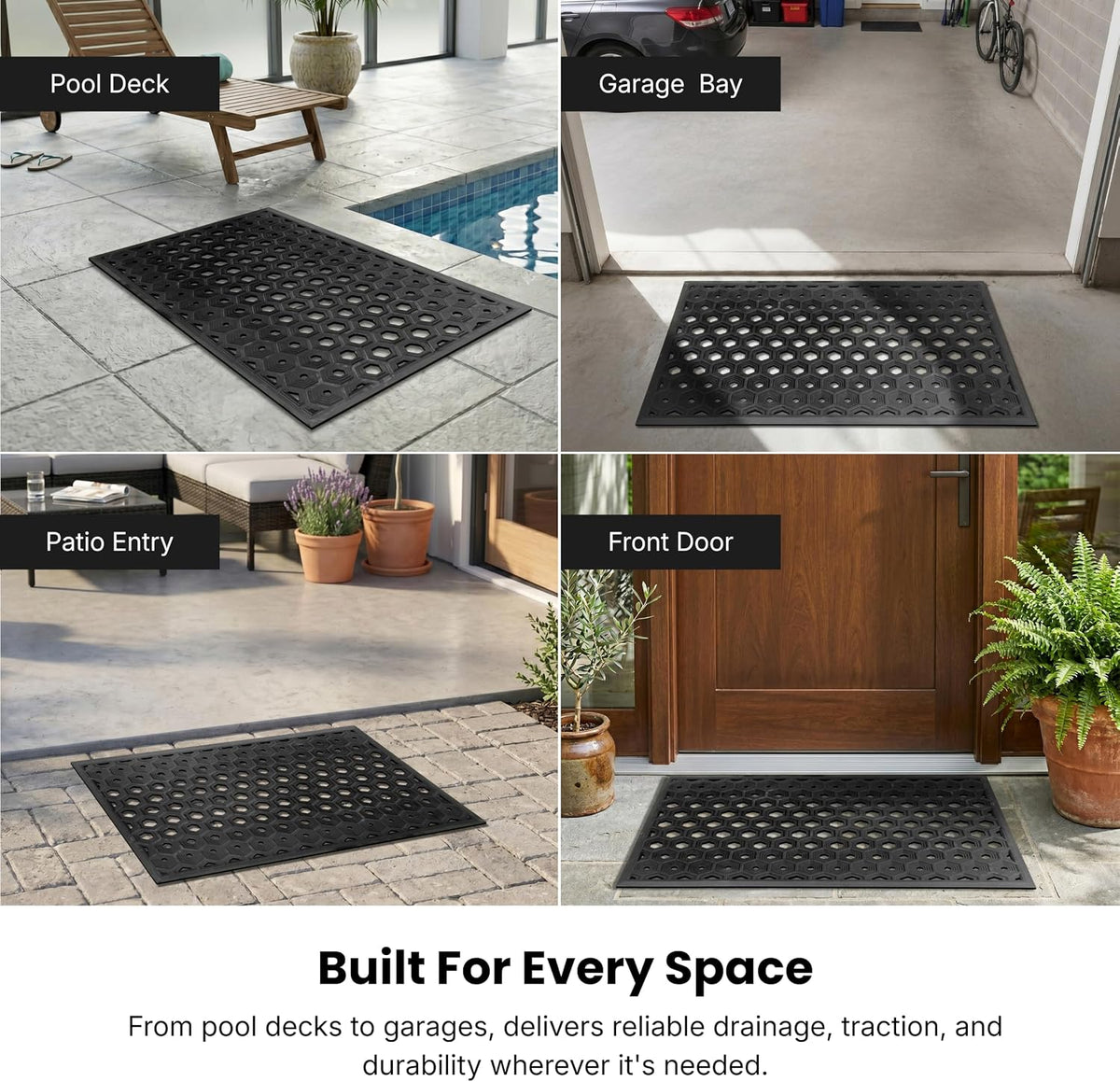 Subhera Collection Heavy Duty Rubber Door Mat 25"×39" Non-Slip Drainage with Dirt Scraper | Outside Doormat for Front