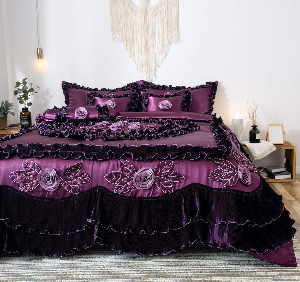 Satin Purple Floral Ruffle Victorian Glam Midnight Bloom 6 Piece Comforter Set, California King