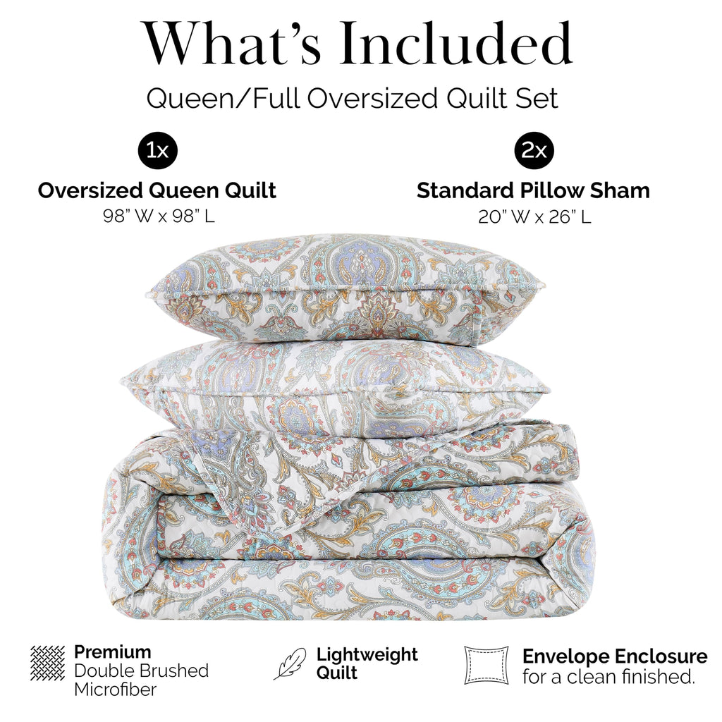 Oversized Queen Quilt Set w/ 2 Quilted Pillow Shams, Aqua Paisley Bedspread