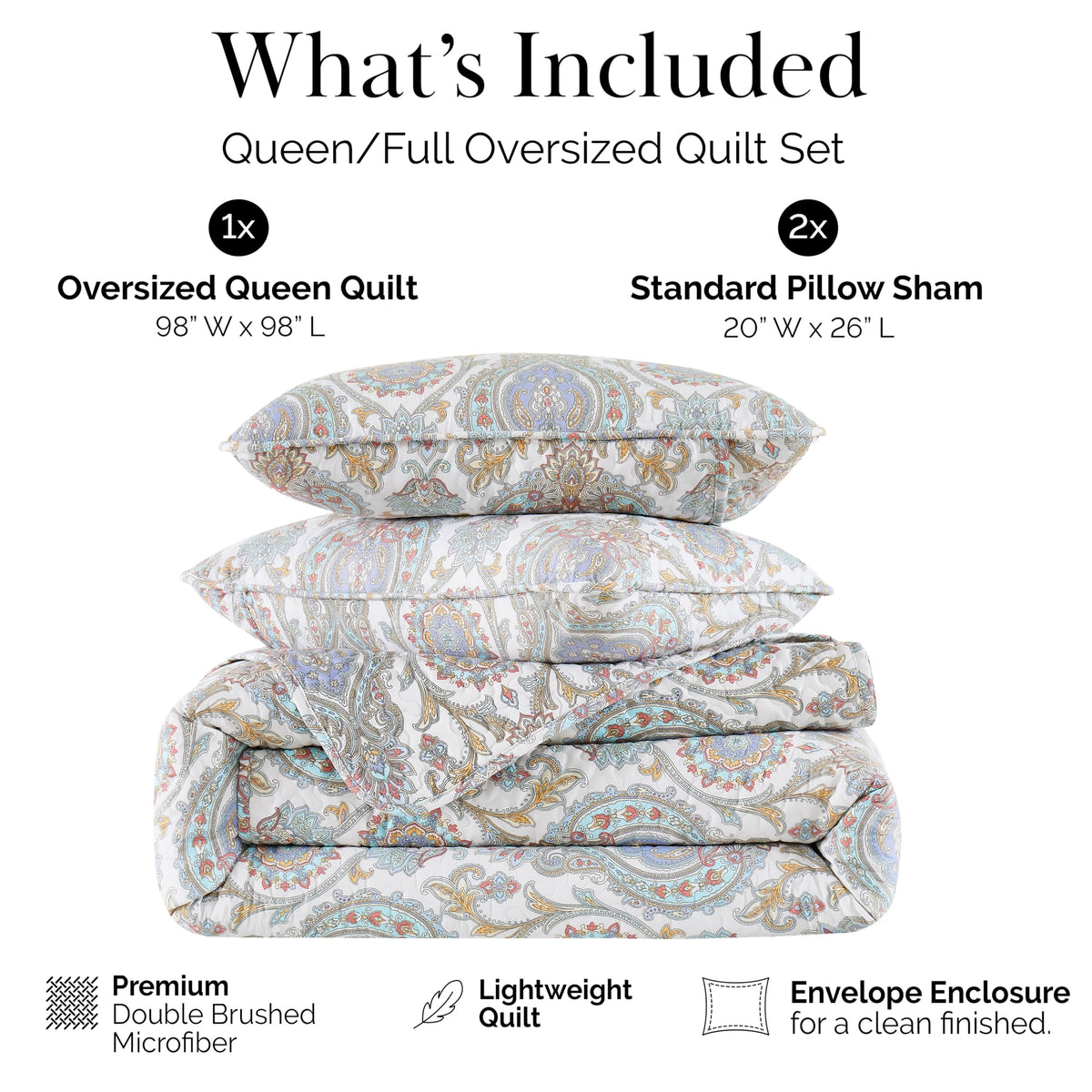 Oversized Queen Quilt Set w/ 2 Quilted Pillow Shams, Aqua Paisley Bedspread