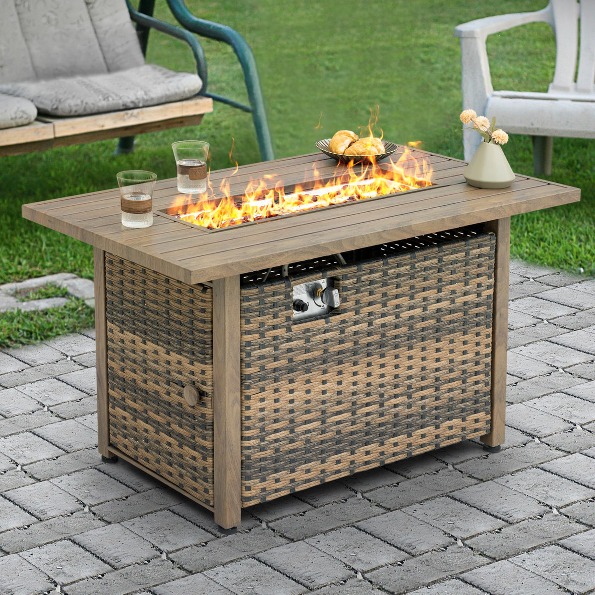 43" Propane Gas Fire Pit Rattan Outdoor Fire Pit Table, Smokeless Gas Fire Pit with Lid and Glass Beads, All-Metal