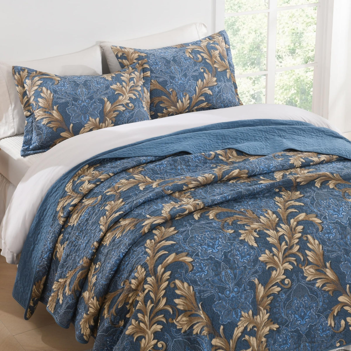 Quilt Bedding Set, 100% Cotton Blue Floral Quilt Bedspreads