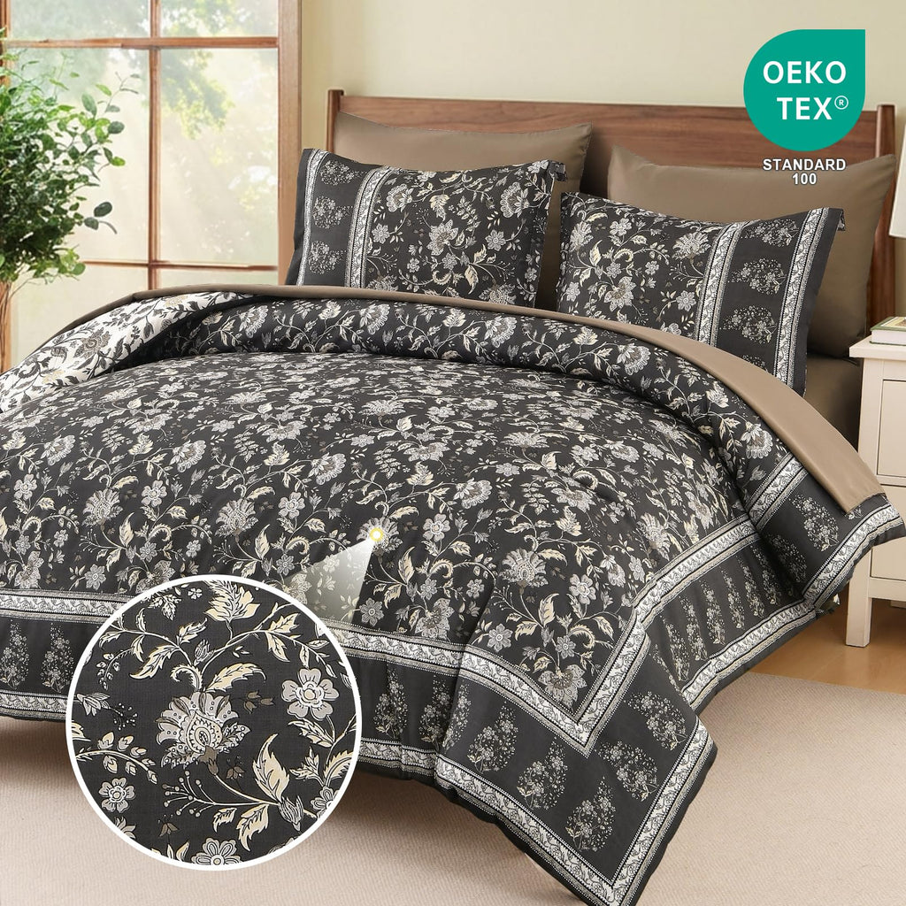 Boho Comforter Set Queen, Reversible Brown Gray Bedding Paisley 7 Piece