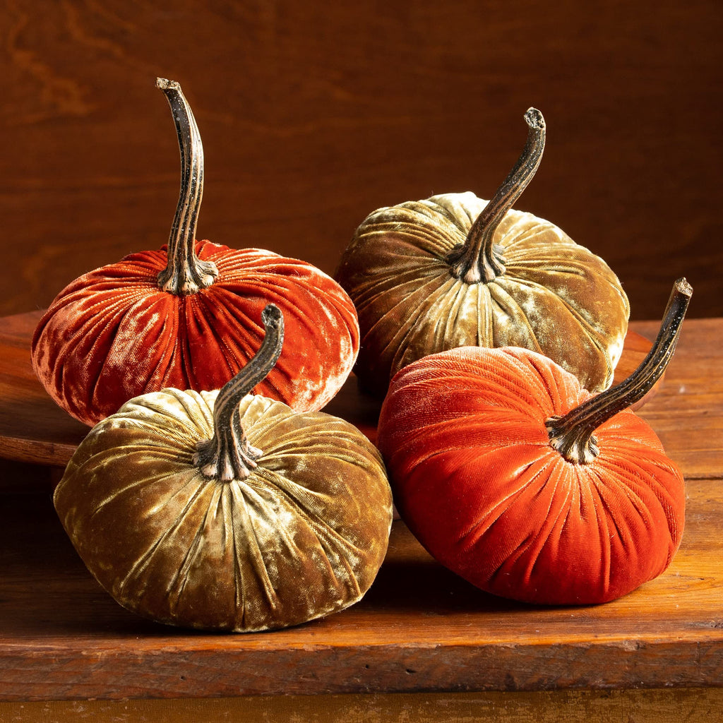 Set of 4 Small Velvet Pumpkins, elegant luxe gift set for new apartment, Thanksgiving centerpiece, bowl filler for