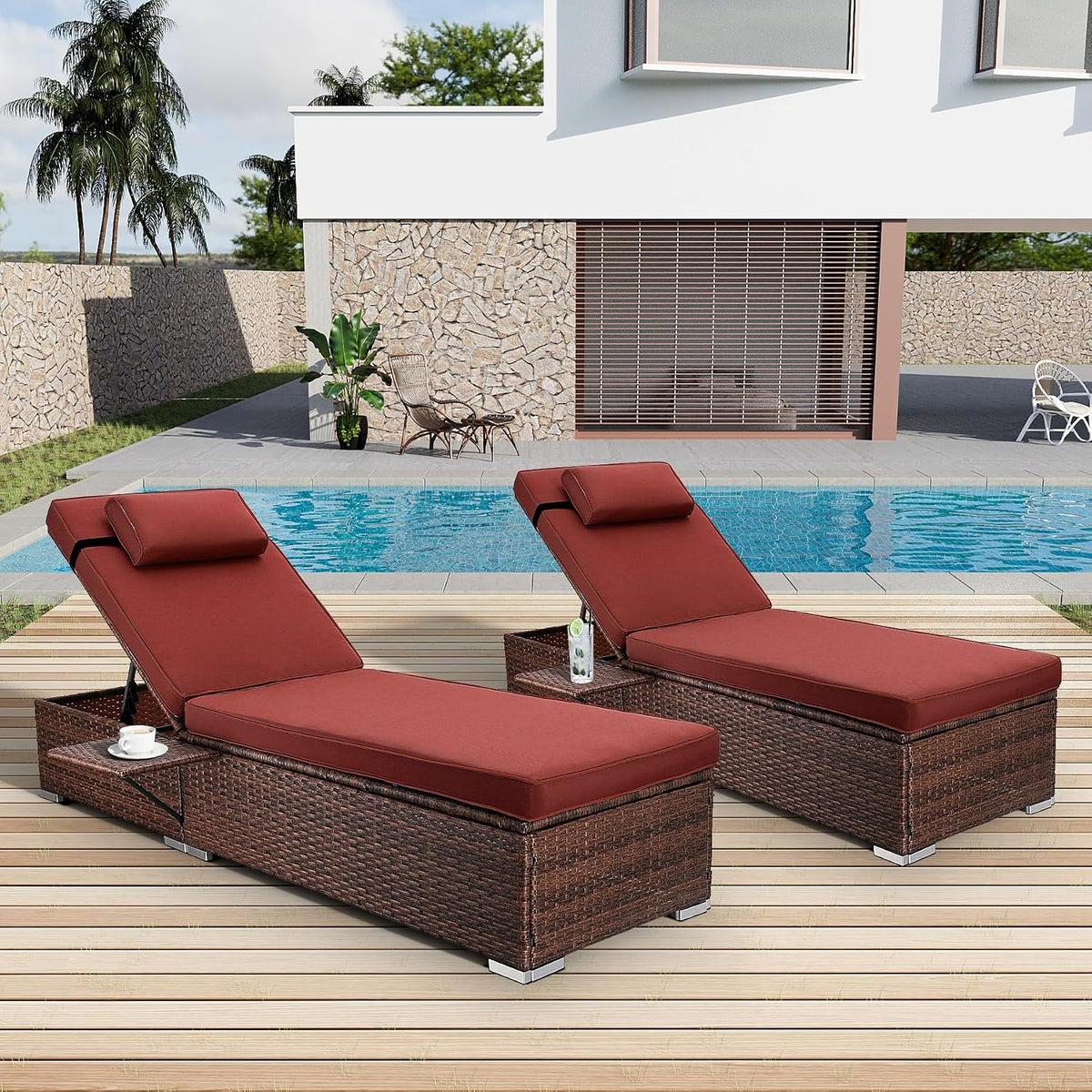 Chaise Lounge Outdoor Wicker Lounge Chairs for Outside PE Rattan Patio Chairs Pool Loungers Set of 2 for Deck Yard