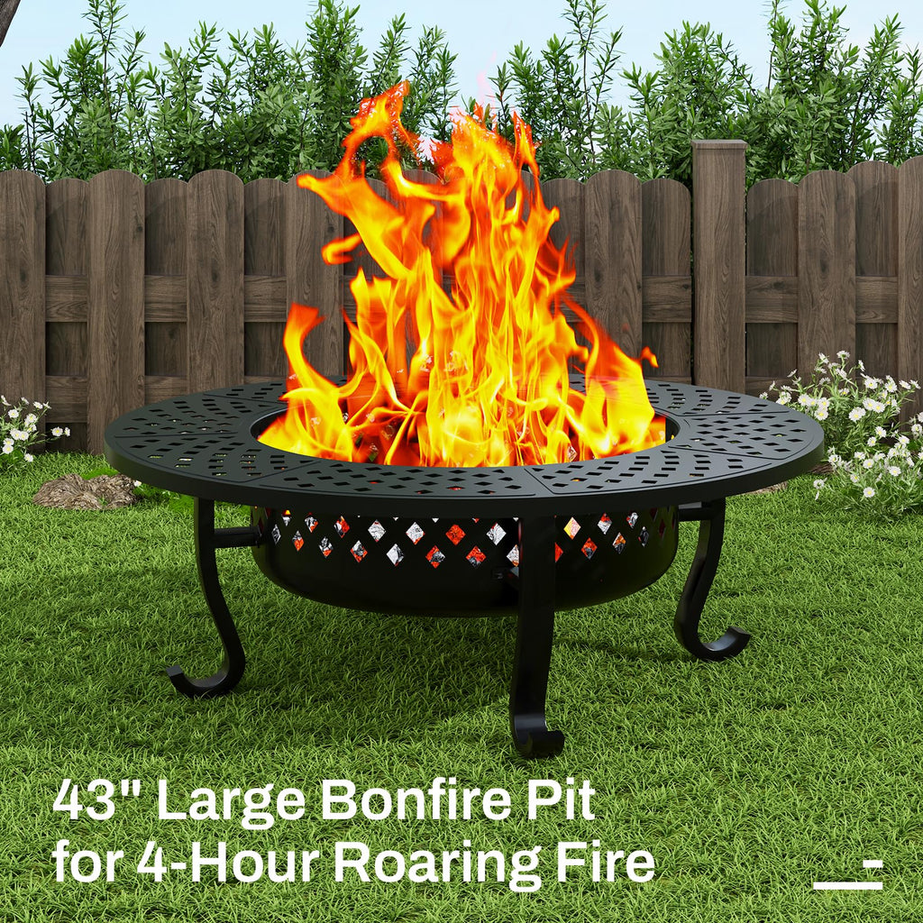43" Outdoor Fire Pit with 2 Grill, Wood Burning Firepit for Outside with Lid & Fire Poker, Round Metal Table Backyard