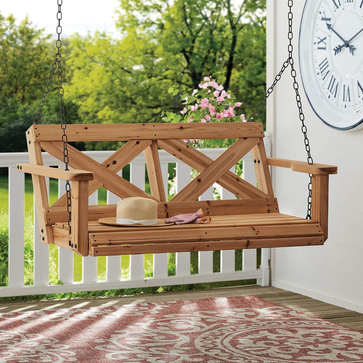 55" Cedar Wood Farmhouse Outdoor Porch Swing Bench with Two-Person Seating, Durable Hanging Chains, Water-Resistant