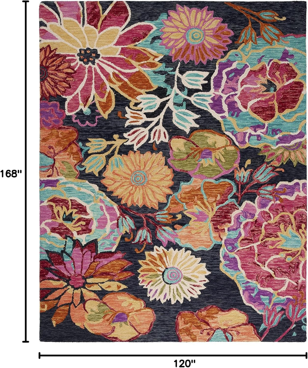 Aspen Collection Area Rug, Charcoal & Blue, Handmade Boho Floral Wool, Ideal for High Traffic Areas in