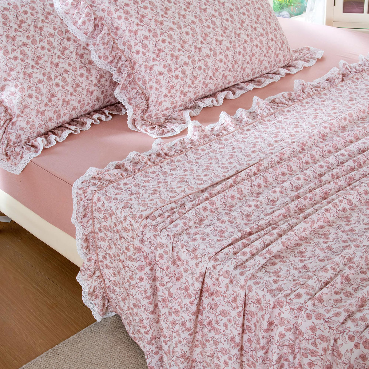 Blush Floral 100% Washed Cotton Sheets Set, 4 Piece Vintage Ruffle Bed Sheets with Lace Trim, Shabby Pink French