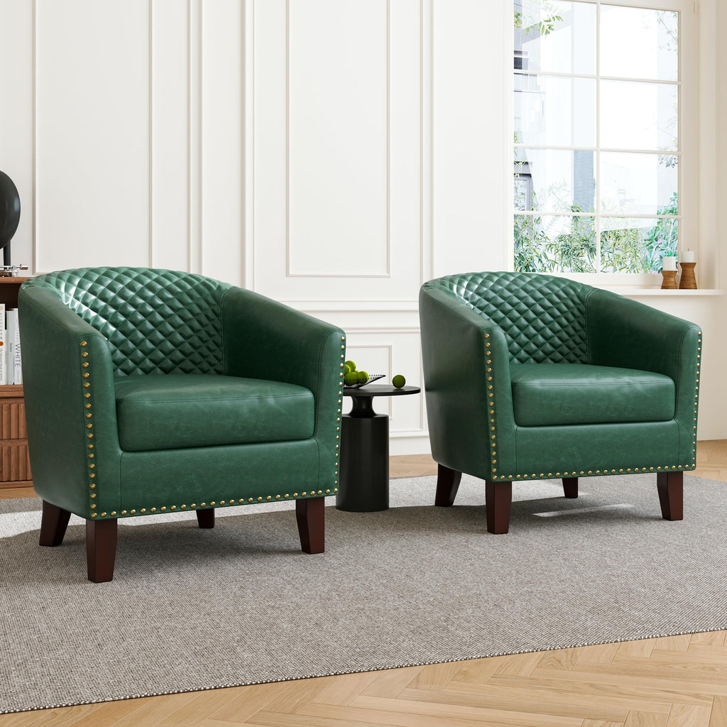 Faux Leather Barrel Accent Chair with Nailhead, Dark Green, Set of 4