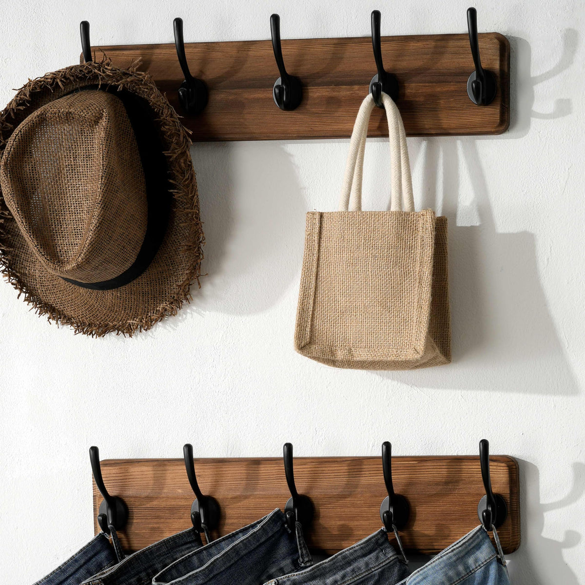 Rustic Coat Rack Wall Mount, 5 Hooks, 17 Inch, Solid Wood, Brown