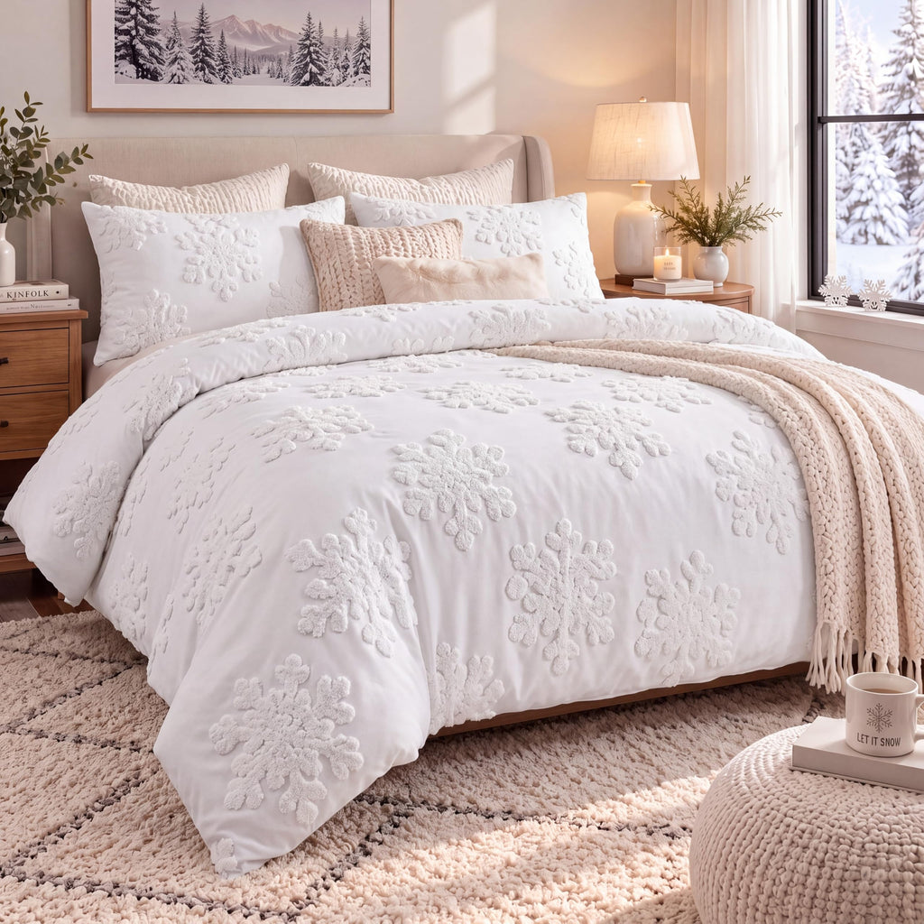 3 Pcs Snowflake Duvet Cover Set King White Snowflake Boho Tufted