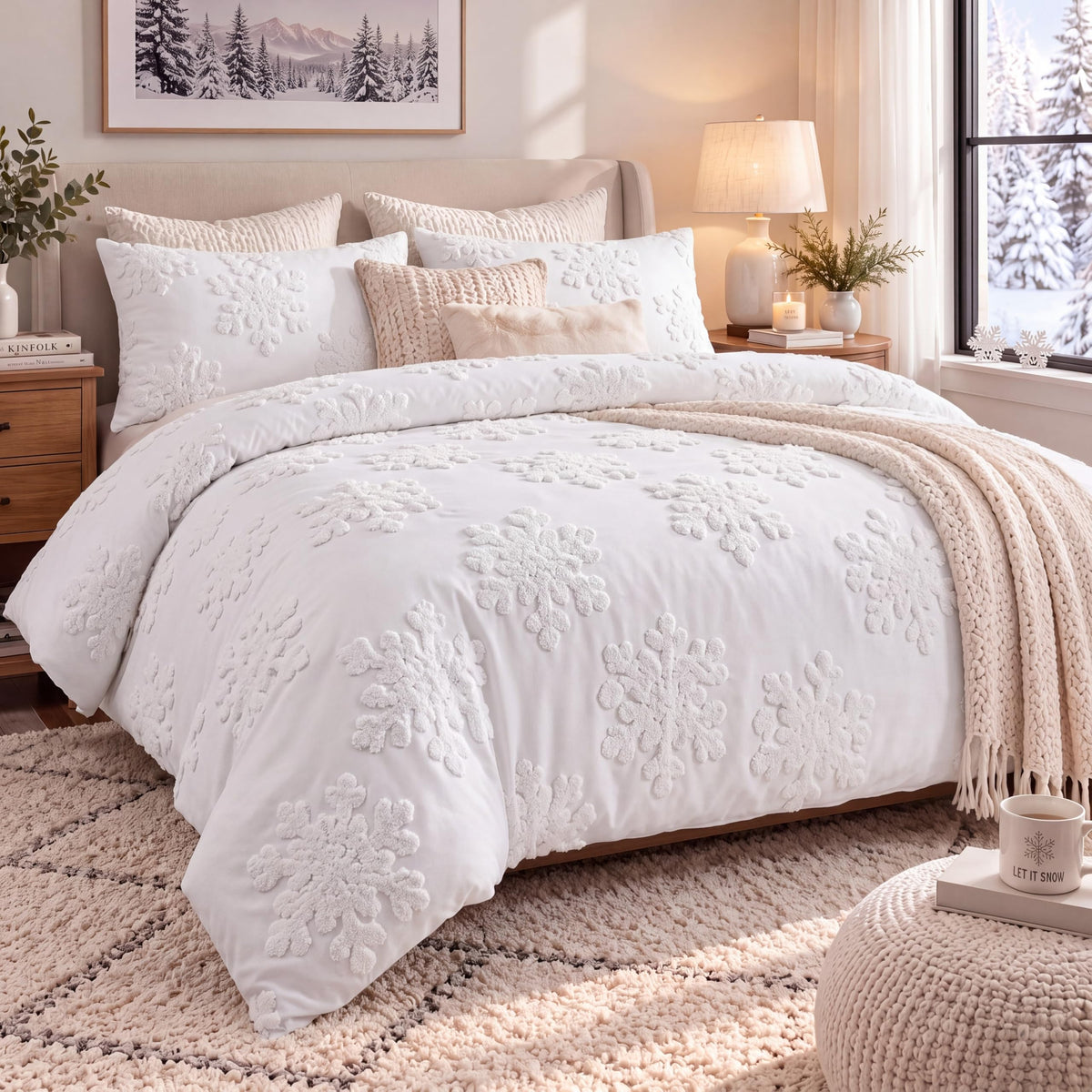 3 Pcs Snowflake Duvet Cover Set King White Snowflake Boho Tufted
