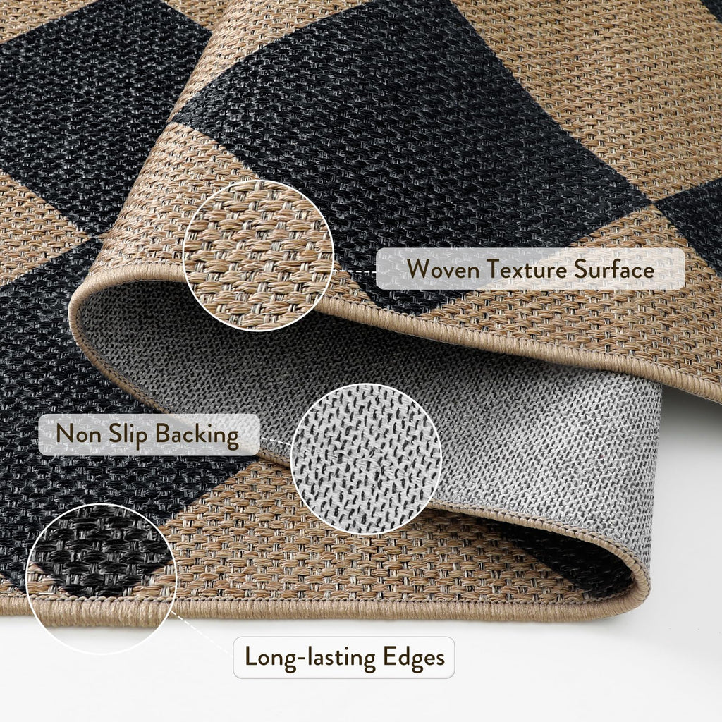 Checkered Easy Jute Non Slip Runner Rug, Kitchen Runner Rug Washable Outdoor Rug Indoor, Checkerboard Black