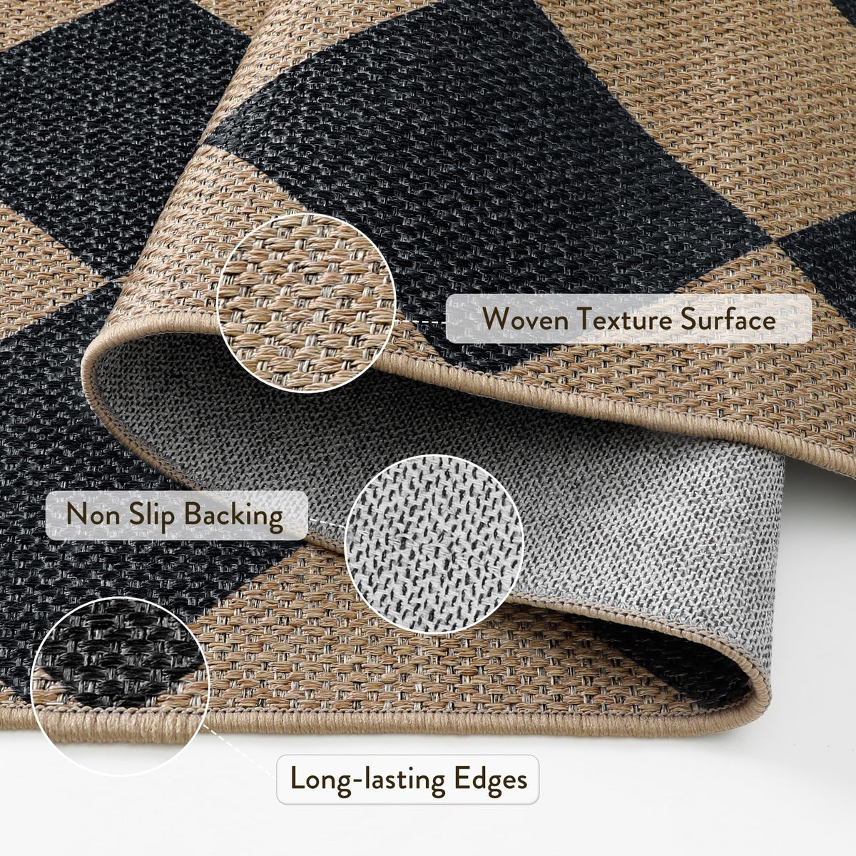 Checkered Easy Jute Non Slip Runner Rug, Kitchen Runner Rug Washable Outdoor Rug Indoor, Checkerboard Black