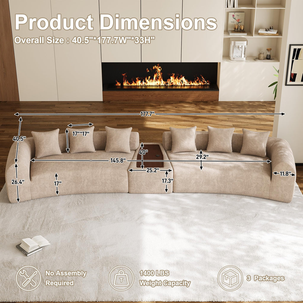 177" Oversized Curved Sectional Sofa, Chenille Cloud Couch, Camel