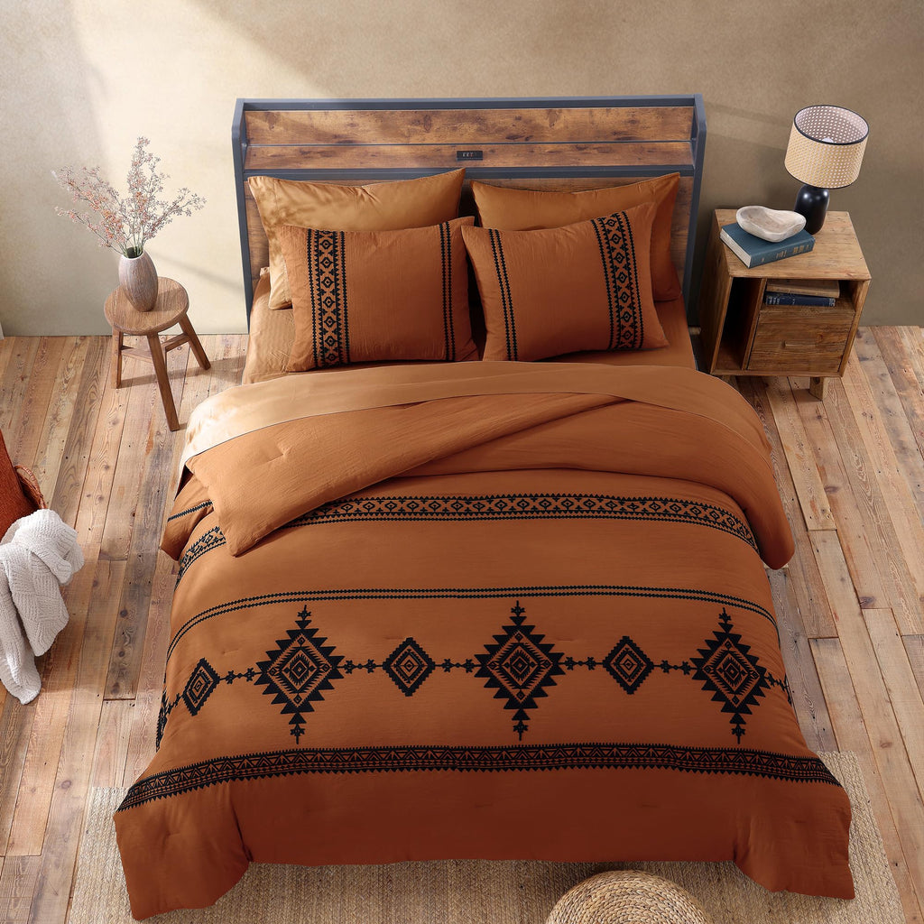 Embroidery Queen Comforter Set 7 Pieces Burnt Orange Bed in a Bag