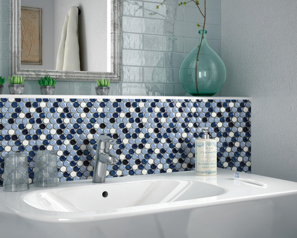 Penny Round Tile Navy Blue White Mosaic Tiles Wall Backsplash, Bathroom Floor, Accent Wall (Case of 5)