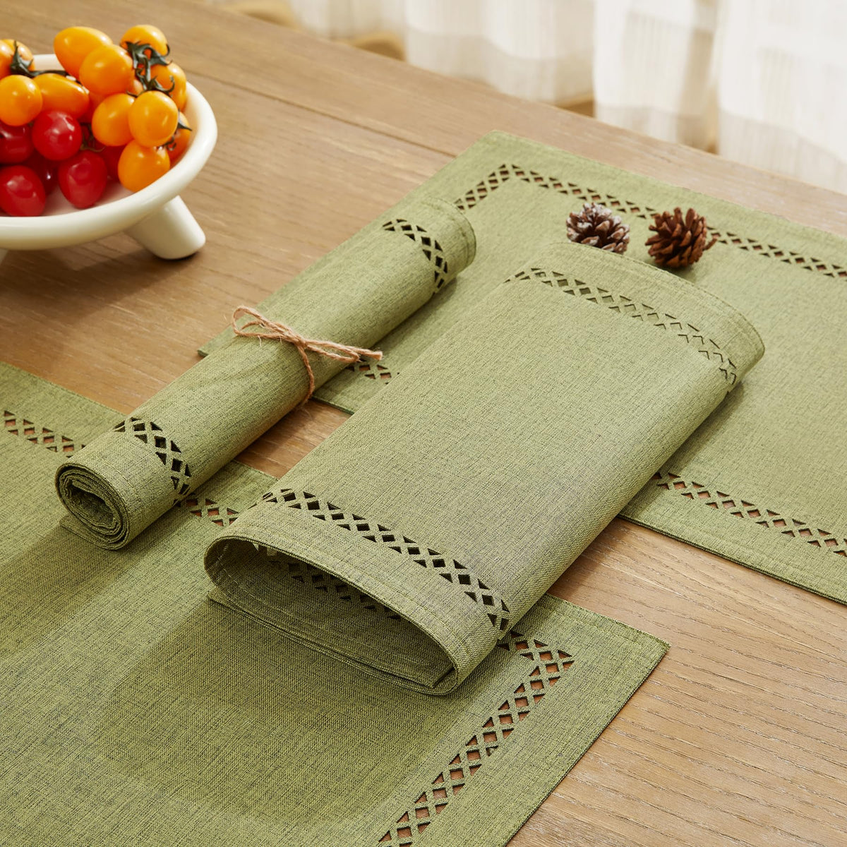 Farmhouse Burlap Hollow Placemats Set of 4, 12 x18 Inch Sage Green