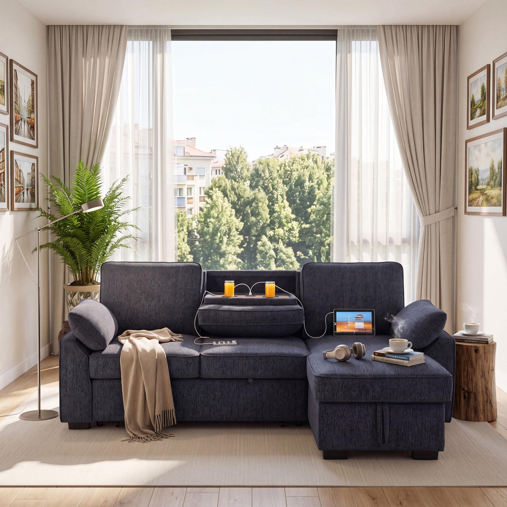 L-Shaped Pull Out Sleeper Sofa Bed, Modern Chenille Upholstered Button Tufted Corner Reversible Sleeper Sectional
