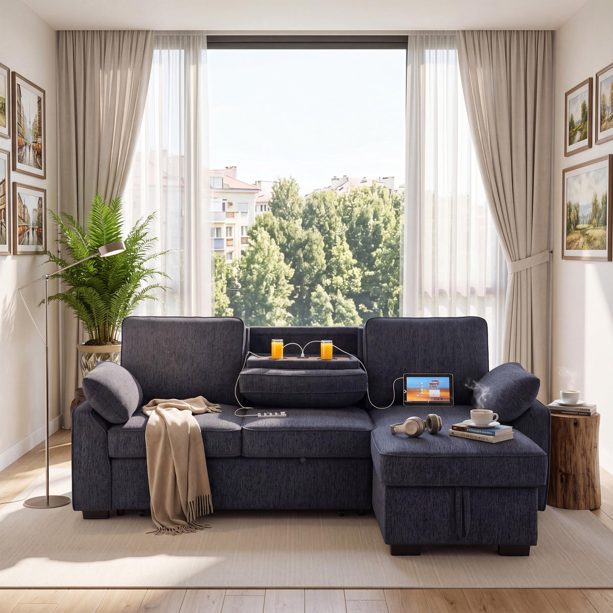 L-Shaped Pull Out Sleeper Sofa Bed, Modern Chenille Upholstered Button Tufted Corner Reversible Sleeper Sectional