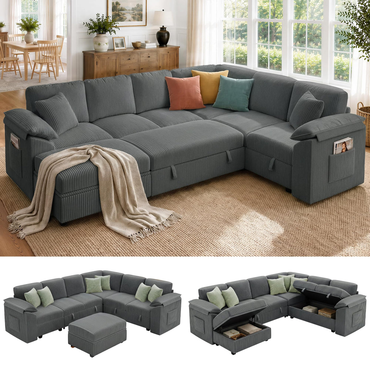 108" Modular Sectional Sleeper Sofa with Pull Out Bed, Dark Grey