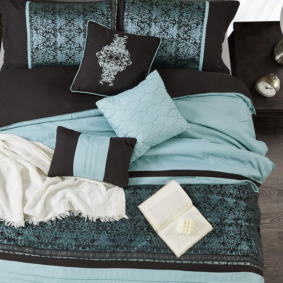 Damask 7 Piece Comforter Set, King, Aqua/Black