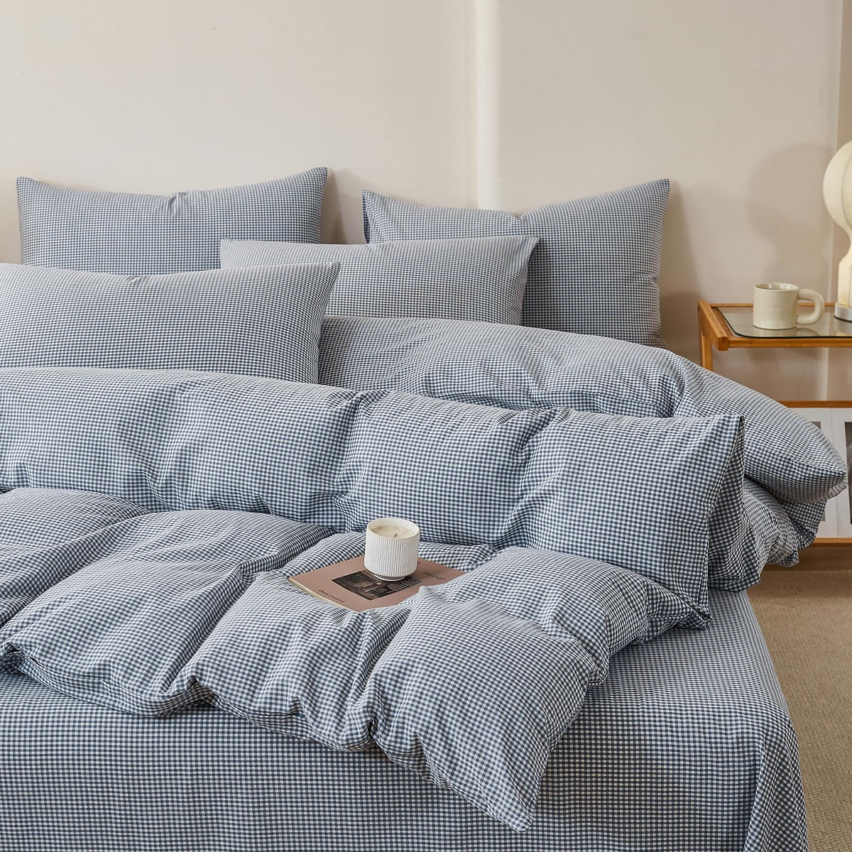 Vintage Blue Plaid Duvet Cover Set 100% Washed Cotton 3-Piece