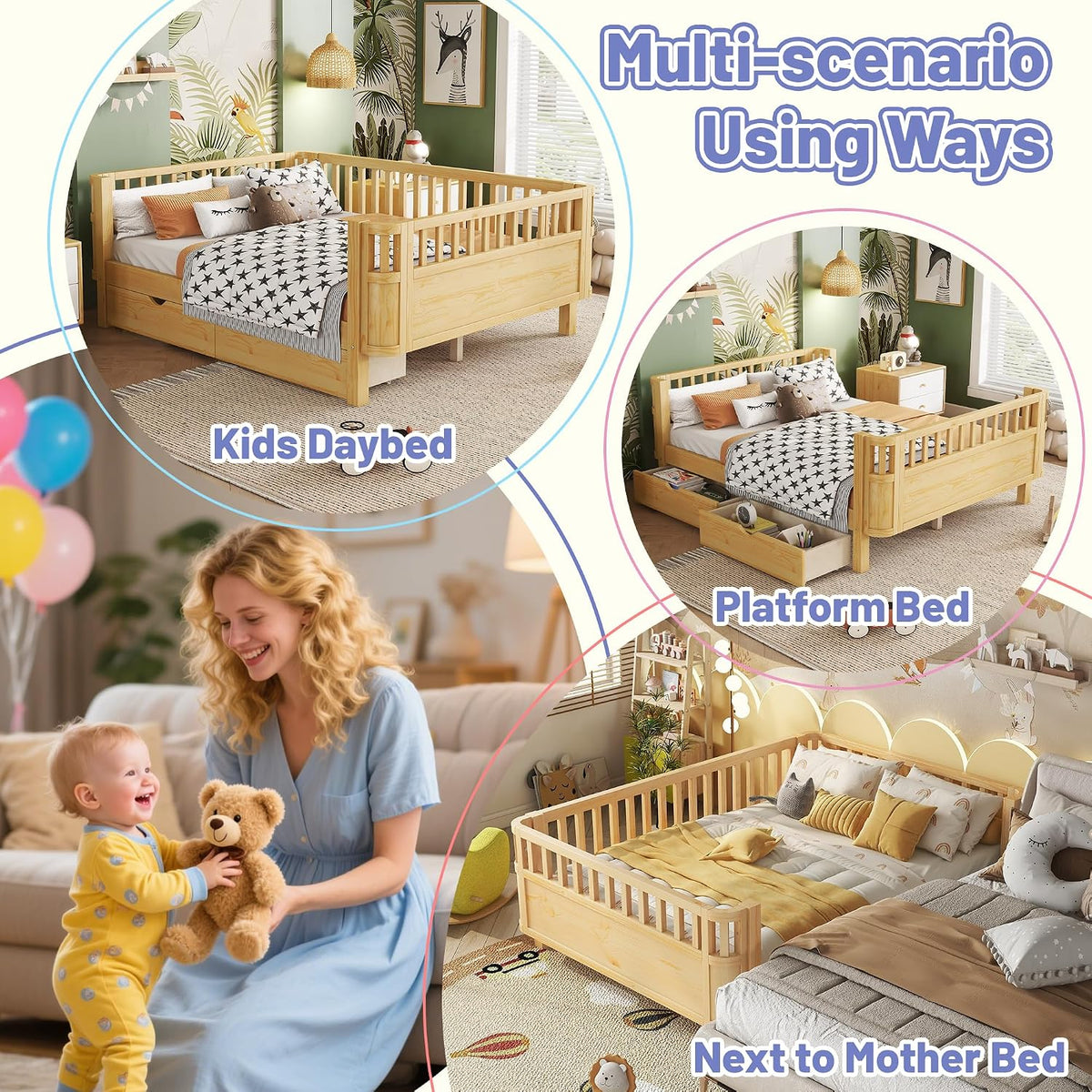 Bed Frame for Kids with Rails, Montessori Bed with Storage Drawers, Low Profile Platform Beds with Pine