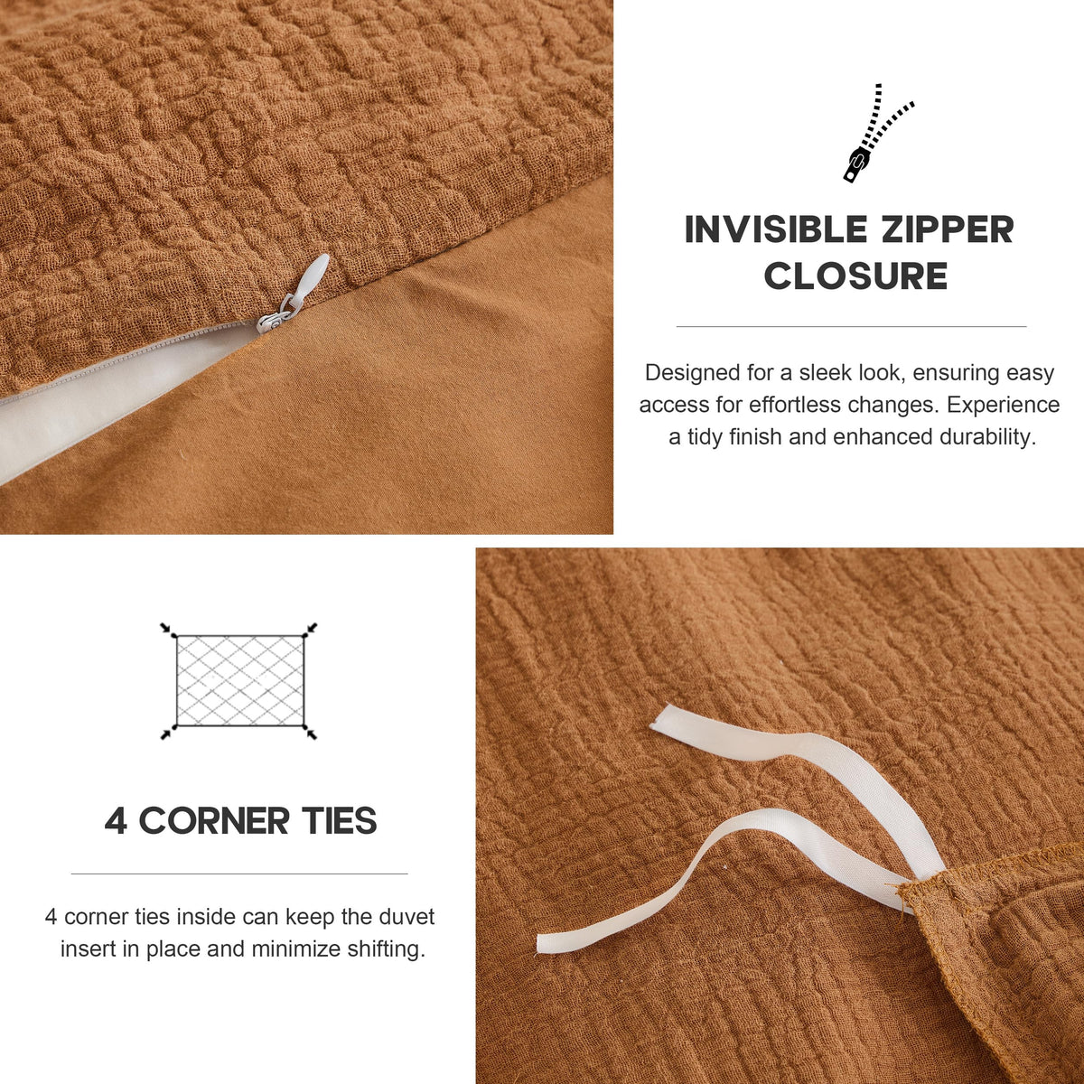 Muslin Duvet Cover Set, 3Pcs Rust Linen Cotton 3-Layer Gauze Minimalist Comforter Cover 104"x92", Ultra
