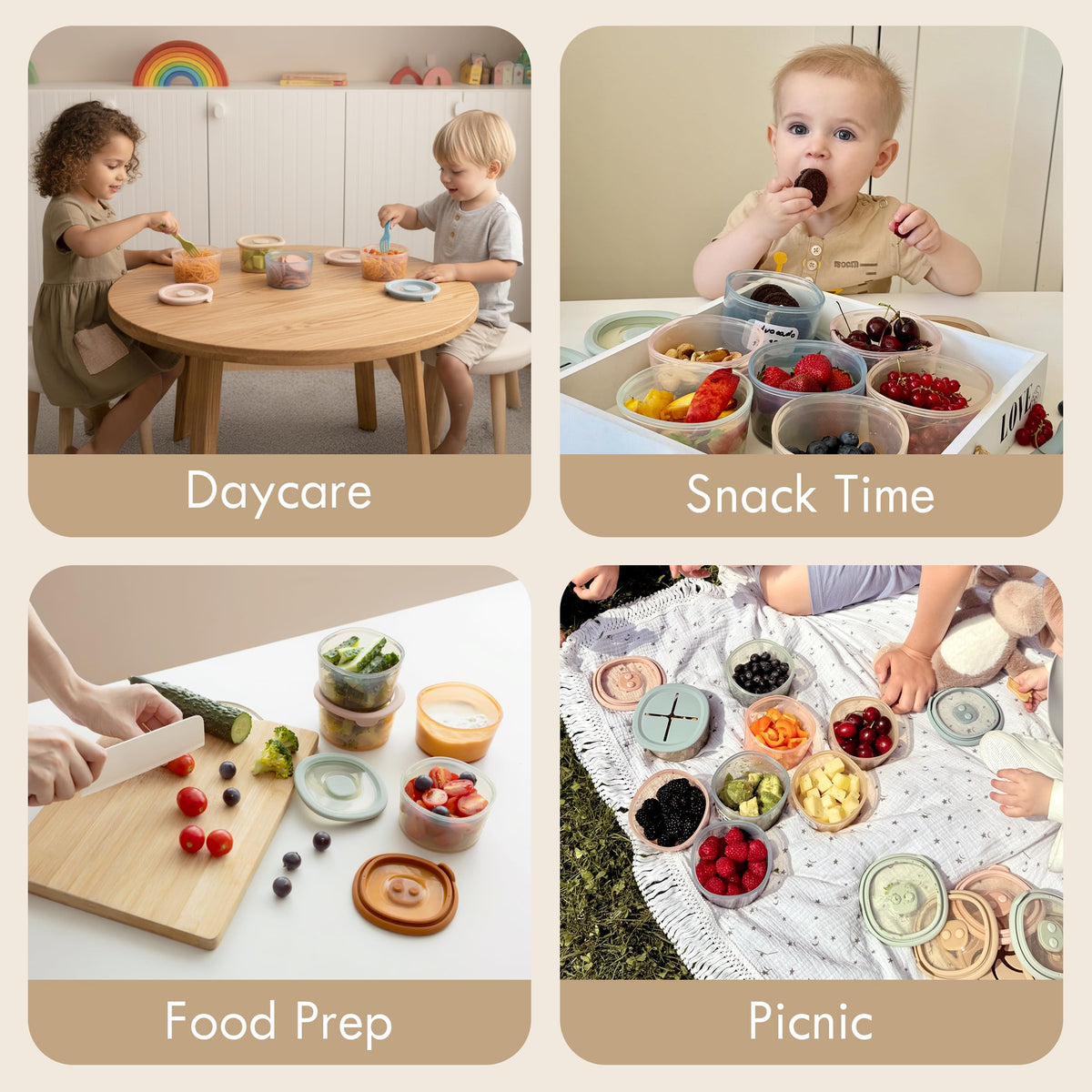 Silicone Snack Containers for Kids | 8 oz Baby Food Storage Containers with Airtight Lids and A Snack Lid | Baby Food