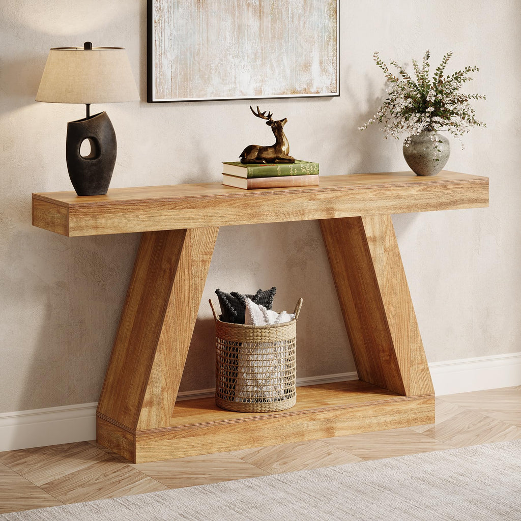Farmhouse Console Table, 55-Inch Rustic Sofa Table with Storage, Industrial Wooden Entryway Table, Natural Brown