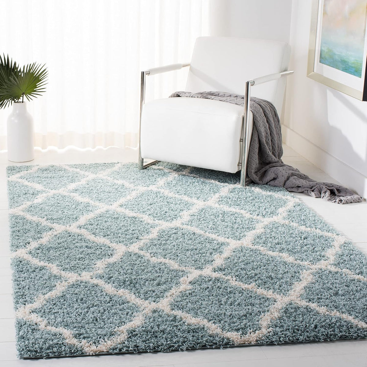 Dallas Shag Collection Area Rug - 6' Square, Seafoam & Ivory, Trellis Design, Non-Shedding & Easy Care, 1.5-inch