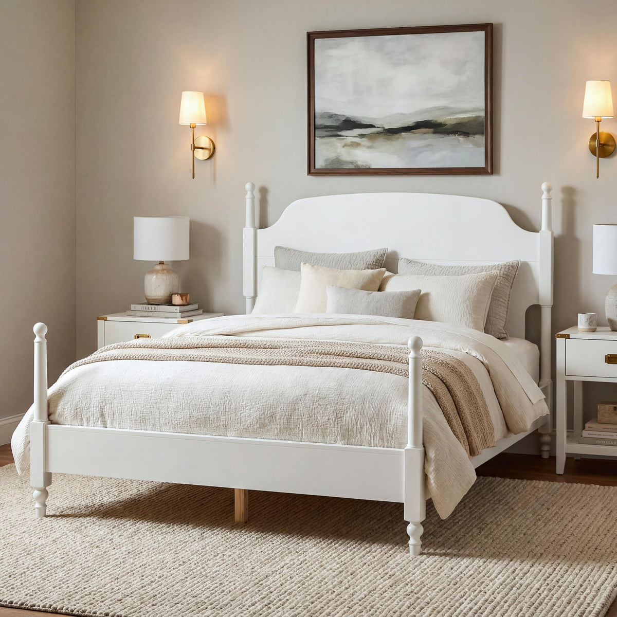 Traditional Solid Wood 4-Poster Bed Frame, Mid-Century Modern Farmhouse Platform Bed with Arched Camelback